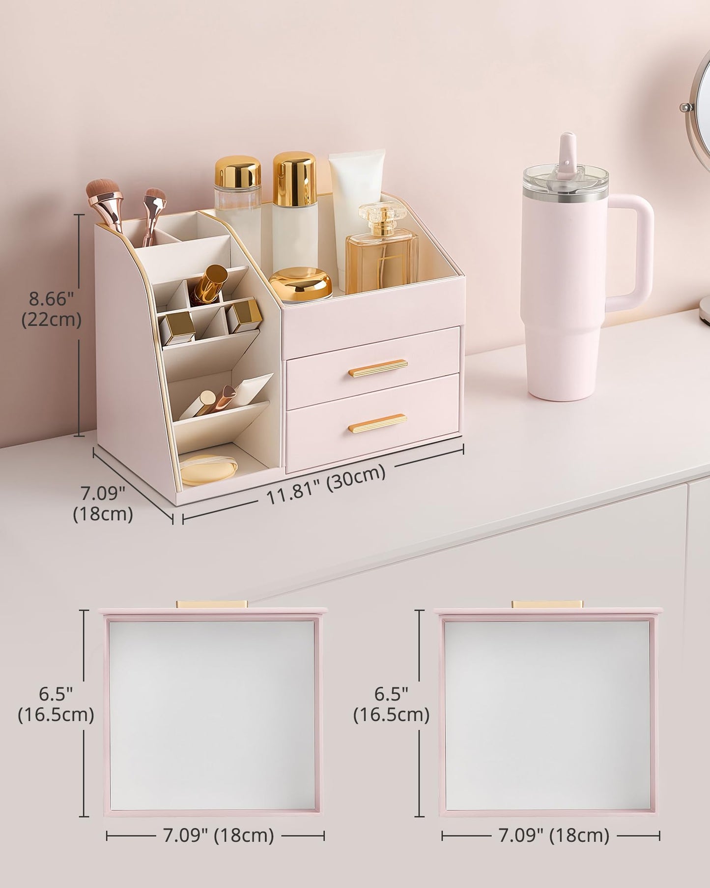 Lolalet Makeup Organizer Countertop with Drawers, Easy to Clean PU Leather Storage Box, 3-Layer Cosmetic Holder for Skincare, Lipstick, Perfume & Brush, Display Case for Vanity Dresser Bathroom - Pink