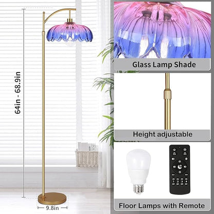 Floor Lamp for Living Room,Bedroom,Gold Dimmable Standing Lamp with Remote,Mid Century Modern Brass Tall Lamp Retro Vintage Glass Lamp Floor Light Boho Bohemian