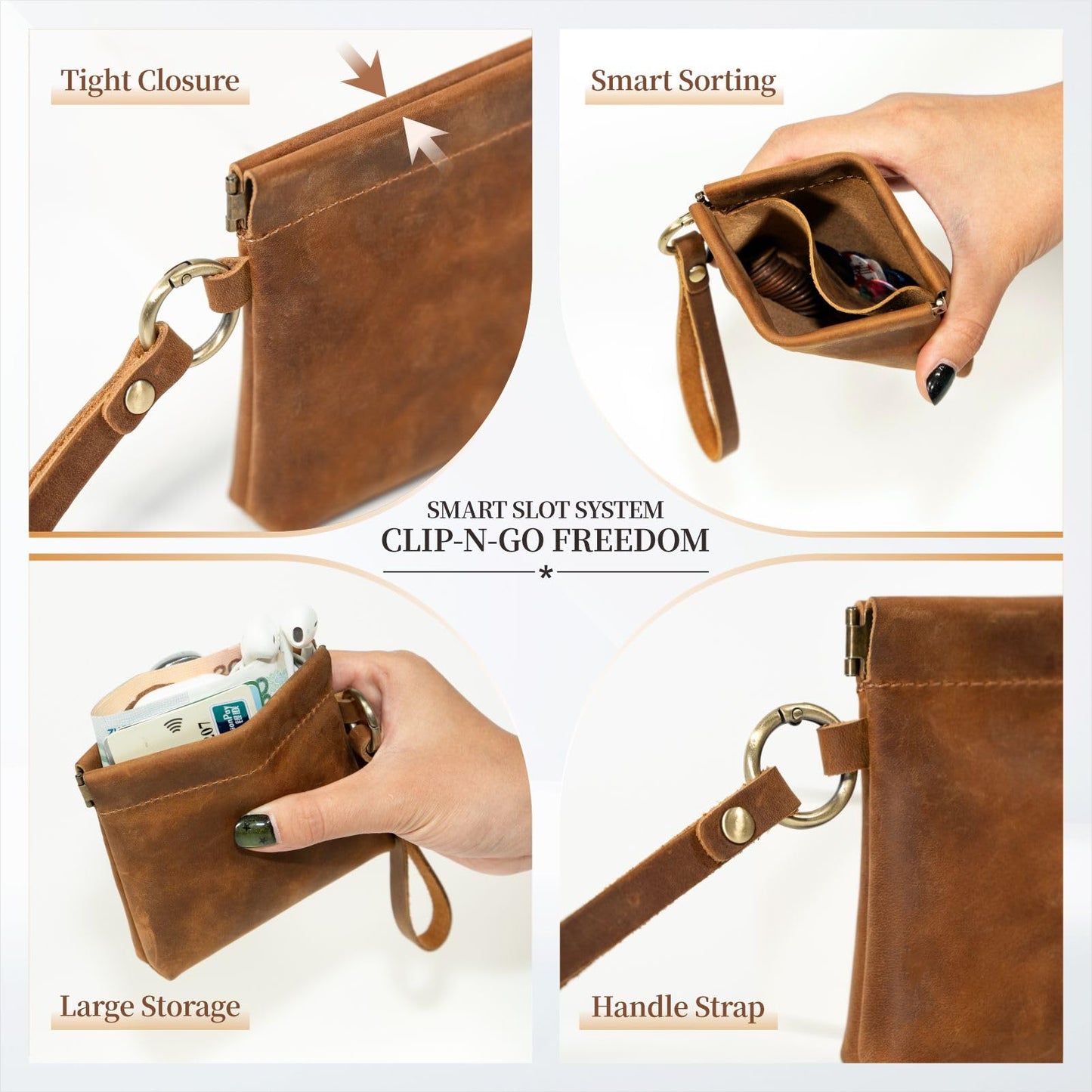 Leather Coin Purse with Wristlet, Aesthestyle Coin Pouch with Dual Interlayer, Card and Change Holder, Easy Clip on without Zipper, Squeeze Coin Wallet, Handmade Genuine Leather Wallet For Men/Women
