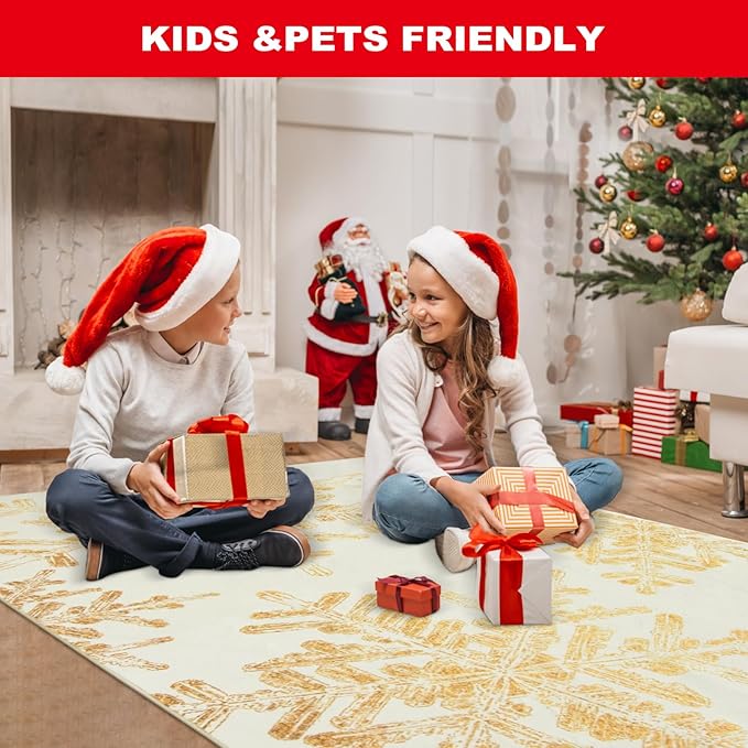 Lahome Snowflake Christmas Kitchen Rugs, 2x4 Christmas Entryway Rug Soft Non Slip Christmas Doormat Indoor, Small Rug Non-Slip Holiday Decor Washable Rugs for Bathroom Bedroom(2x4ft,Gold)
