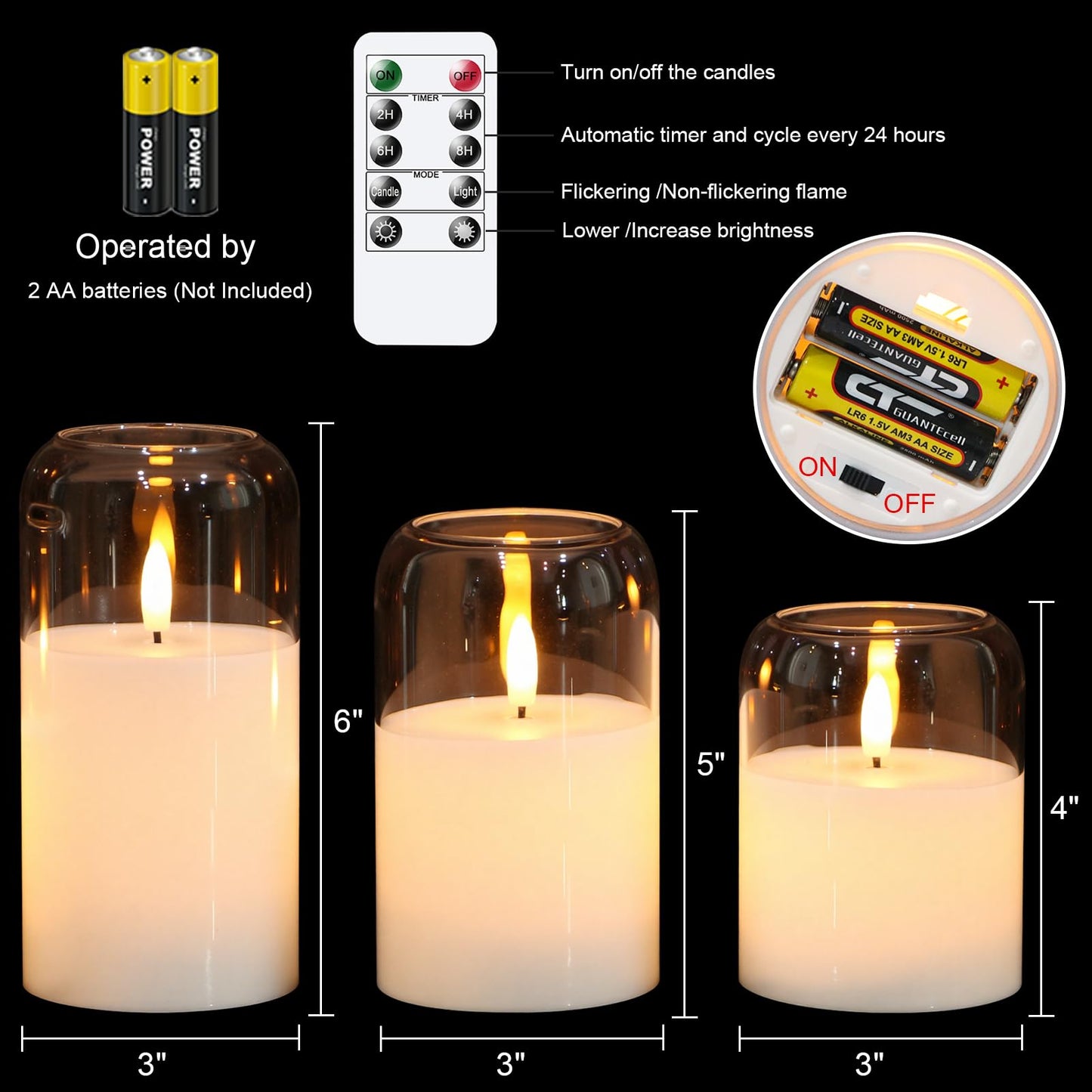 KunSwenn Glass Flameless Candles with Remote, Set of 3 Battery Operated Candles Flickering with Real Wax and 3D Wick, LED Pillar Candle for Home Halloween Christmas Decor(Clear, D3”xH4”5”6”)