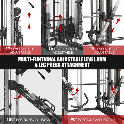 FAGUS H Commercial Smith Machine with Weight Bench Combo, 4000LB Power Cage Squat Rack with Lever Arm, Leg Press, Multi-Function Linear Bearing Cable Crossover Machine for Home Gym, Black