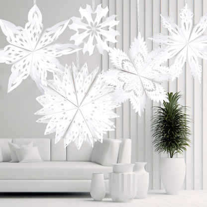 5 Pack Christmas Paper Snowflake Lanterns, Christmas Paper Star Lantern with LED Light White Hanging Lamp Ornaments for Xmas Tree New Year Winter Frozen Weddings Birthday Holiday Party Decorations