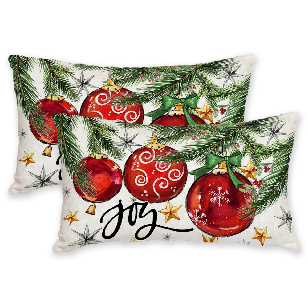 AACORS Christmas Pillow Cover 12X20 Set of 2, Baubles Christmas Tree Stars Joy Decoration Holiday Farmhouse Winter Pillow Case for Sofa Couch Decor（Red） AA613-12-2