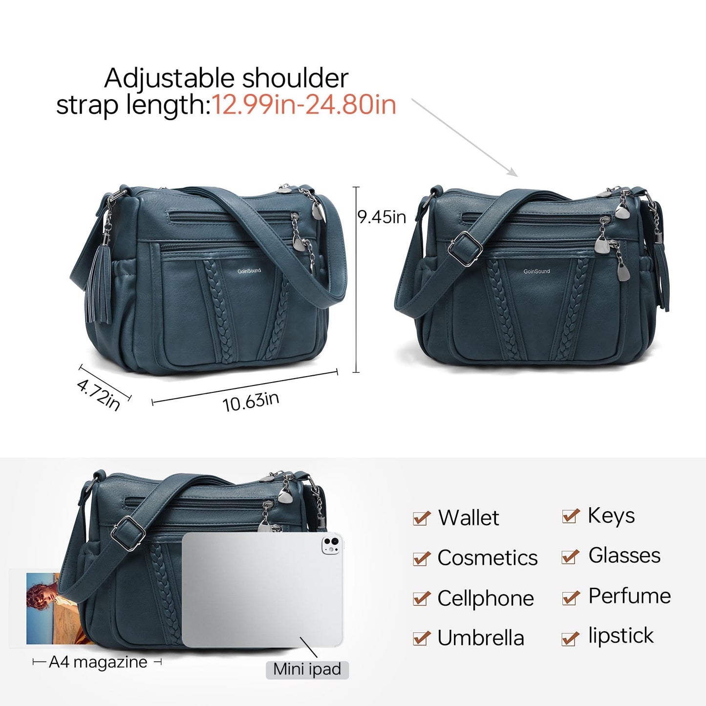 Goinsound Women's Crossbody Bag Soft PU Leather Multi-Pocket Shoulder Bag with Braid & Tassel Detail