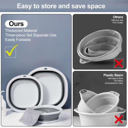 Collapsible Tub Wash Basin Laundry Tub 3 Pack Collapsible Laundry Baskets Foldable Dish Tub Plastic Washtub Space Saving Storage Container for Dishing, Fruit, Camping, Laundry, Hiking & Home (Grey)