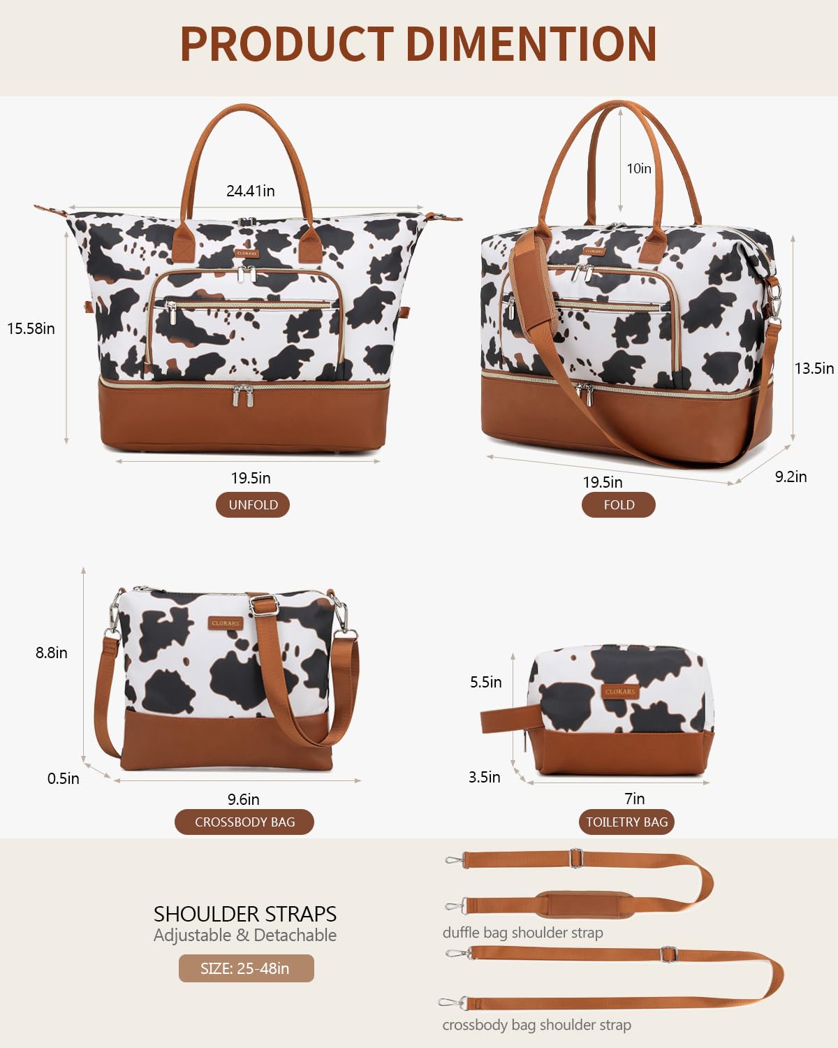 CLOKARS Weekender Bags for Women, Travel Duffle Bag Carry On Overnight Bag with Cosmetics Bag and Crossbody Purse for Gym Hospital, Gifts for Women, Cow Print Brown