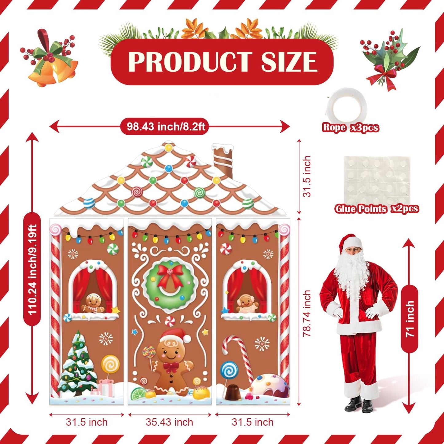 4pcs Gingerbread House Door Cover Decorations, Christmas Gingerbread Door Banner Backdrop for Christmas Holiday Party Decor, 110.24 * 98.43 in