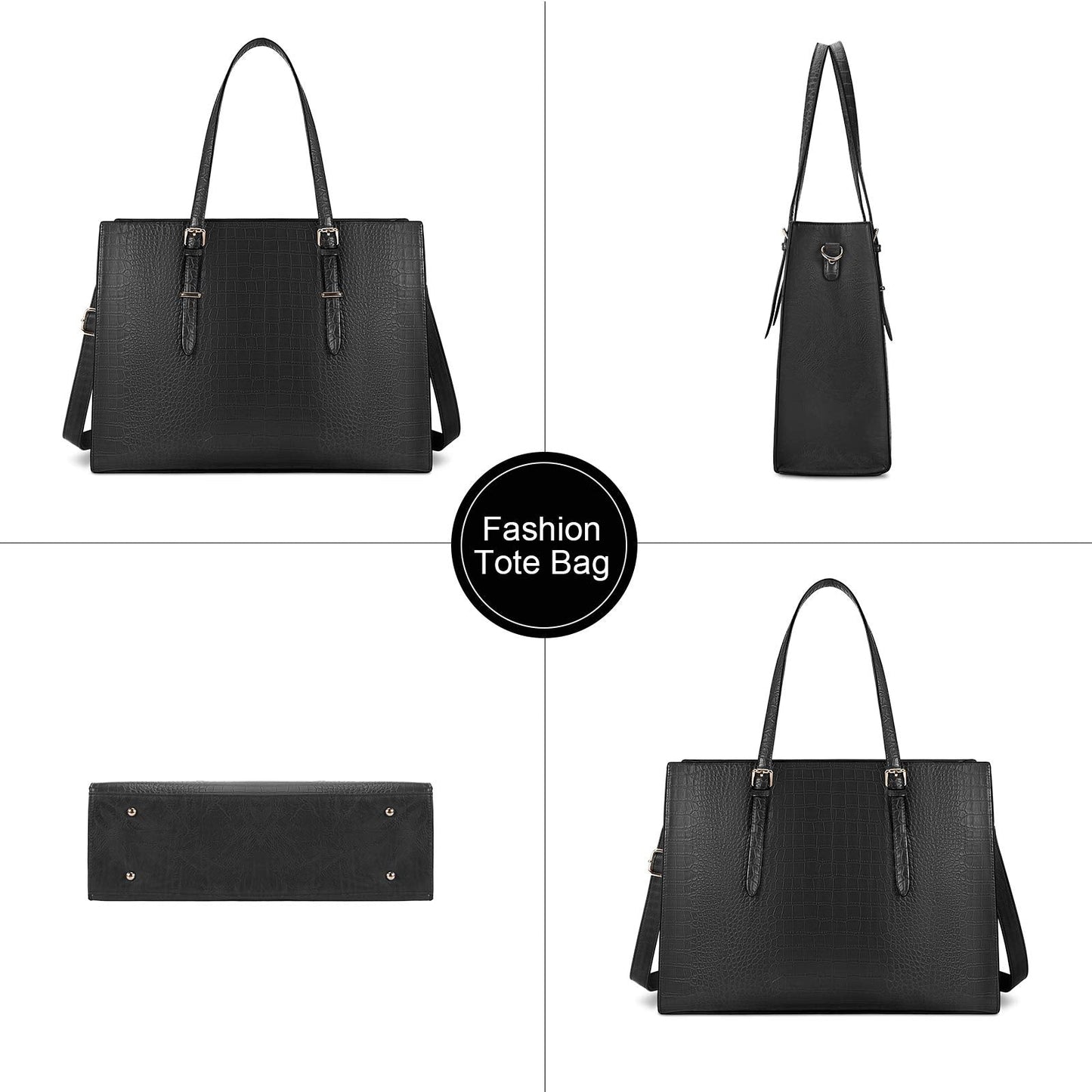 Laptop Bag for Women 15.6 Inch Crocodile Leather Tote Bag Water-resistant Work Briefcase Business Computer Shoulder Bag for Travel Teacher Nurse Professional Handbag,Black