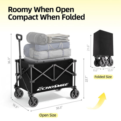 EchoSmile Lightweight Collapsible Wagon Cart, Compact Foldable Wagon for Grocery, Camping & Sports, Easy Fold Utility Wagon,Black