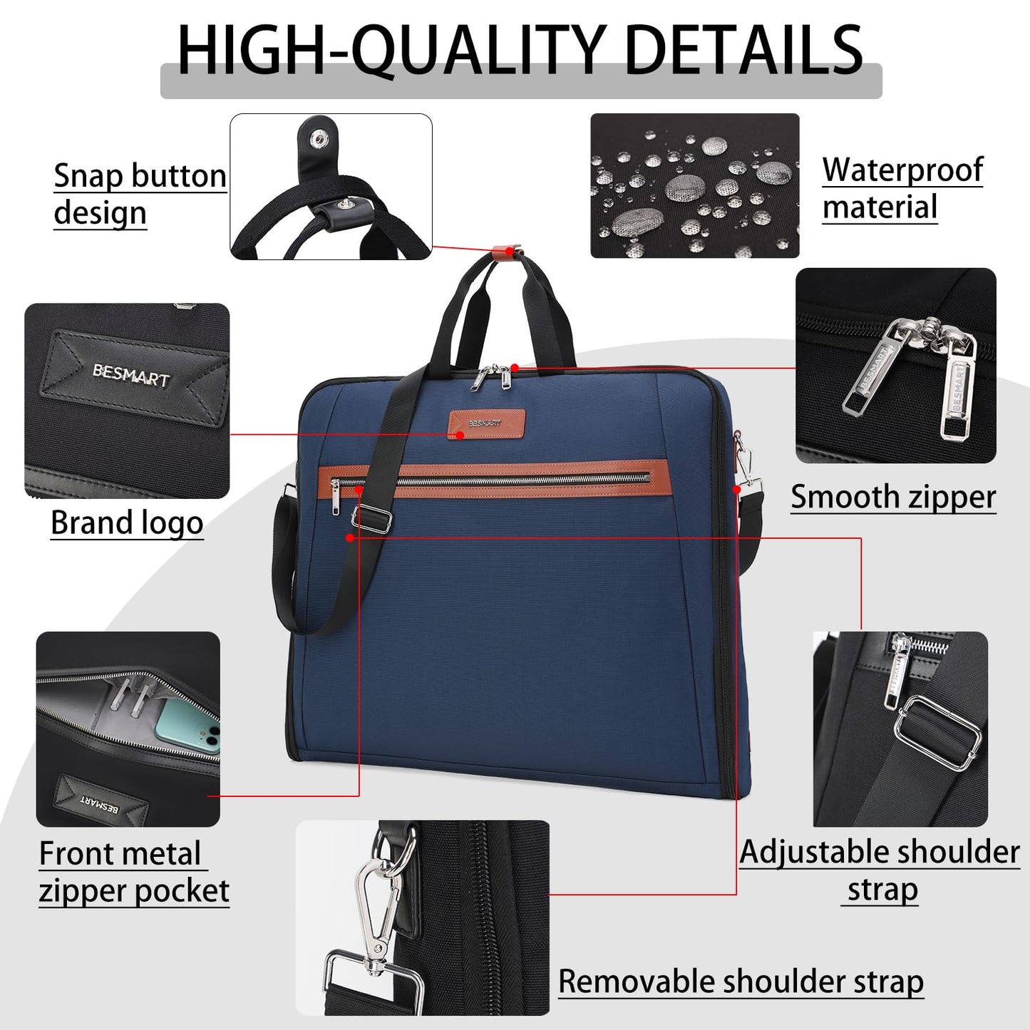 BE SMART Waterproof Foldable Garment Bags for Travel, 51" Large Travel Hanging Bags for Clothes, Carry on Suit Bag with Strap for Men Women, Wrinkle Free Luggage Suit Cover for Business Trips(Blue)
