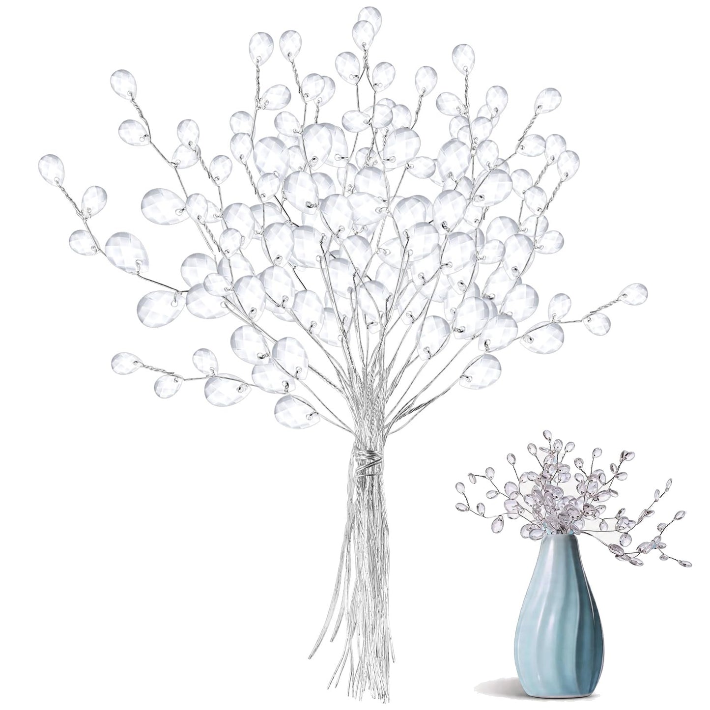 VOSAREA 50pcs Crystal Floral Picks: Flexible 3-Strand Artificial Bouquet Stems with Acrylic Bead Drops for Wedding Decor and DIY Crafts - White 6.69 Inch