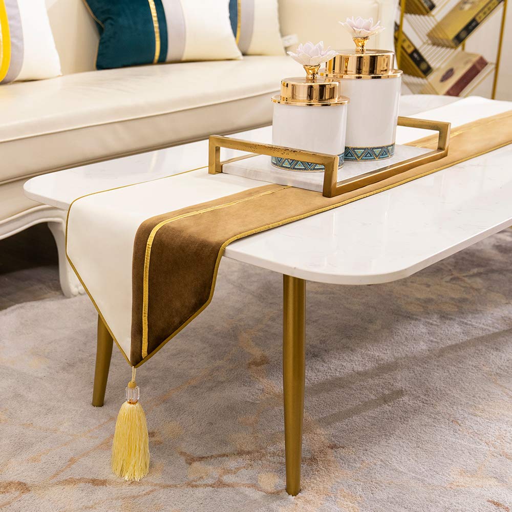 Avigers Modern Luxury Table Runner with Tassels, Chestnut & White Geometric Table Runner for Dining Room, Coffee Table & Entryway Decor, Elegant Decorative Table Scarf 12 x 108 Inch