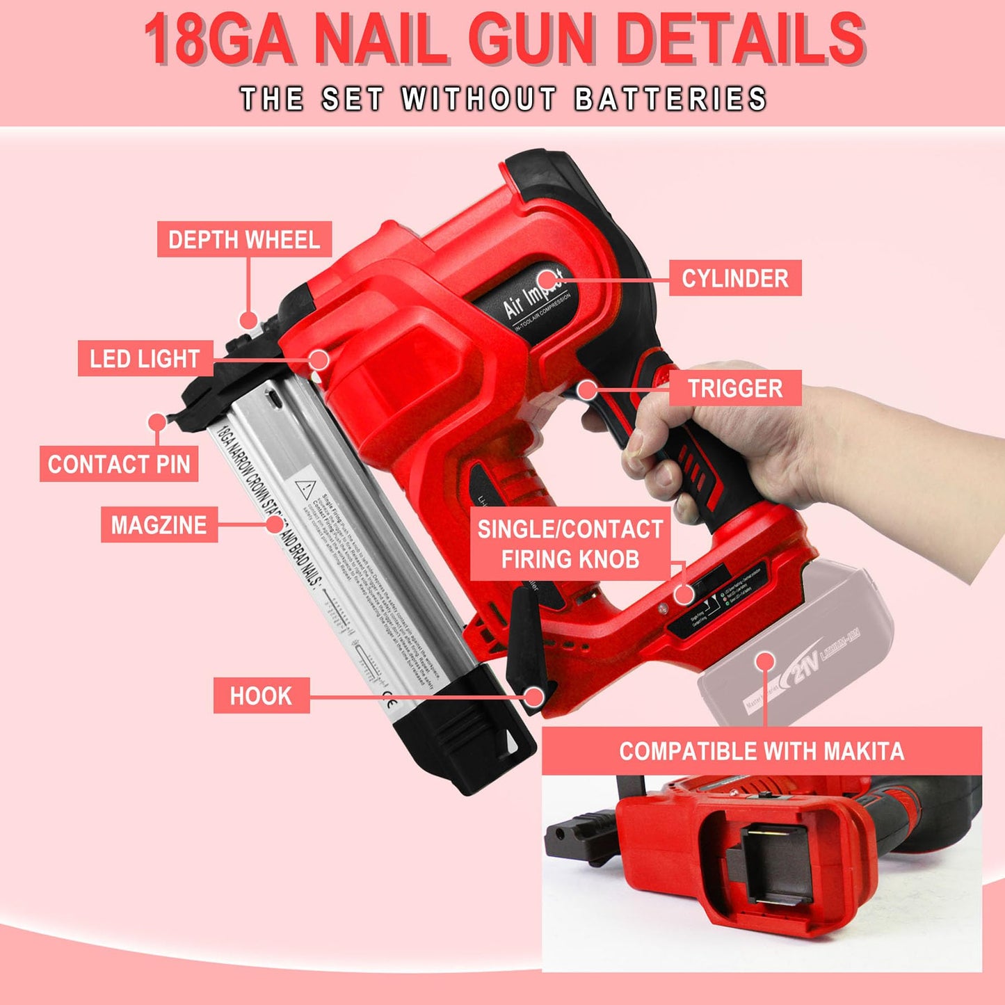 NailTask 20V 18 Gauge Cordless Nail Gun Safety Pin 2 Inch Power Brad Nailer with 18GA Machine Electric Staple 2 in 1 Gun Nails Kit for Wood Upholstery DIY Framing Home Improvement (No Battery)