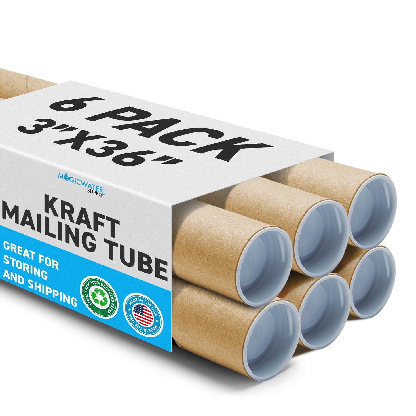MagicWater Supply Mailing Tube - 3 in x 36 in - Kraft - 6 Pack - for Shipping and Storage of Posters, Arts, Crafts, and Documents