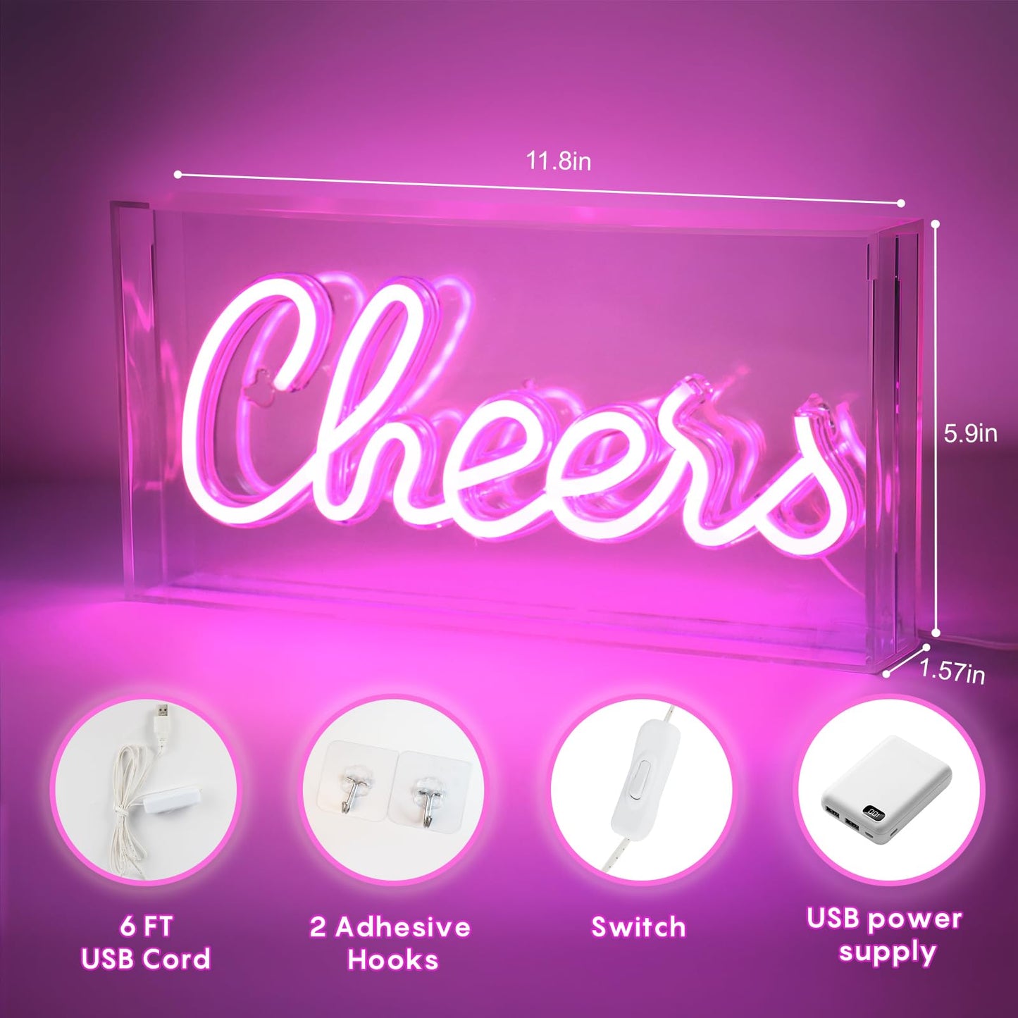 HOSITARK Cheers Neon Sign, USB LED Desk Lightbox Cheers Sign with ON/OFF Switch, 3D Neon Light up Sign for Table Decor, Wall Decor, Bar, Pub, Bachelorette Party (Pink)