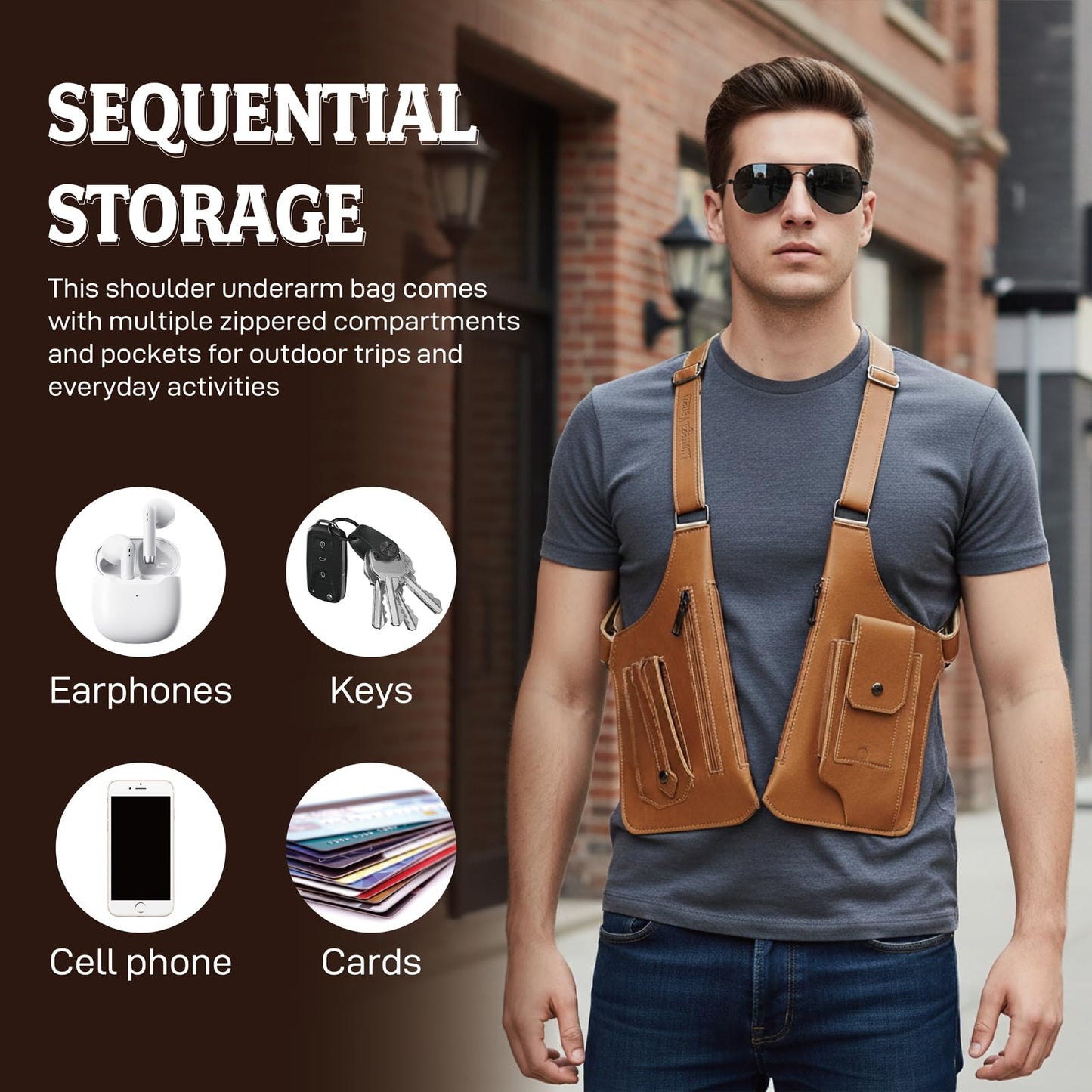 Double Shoulder Armpit Bag,Underarm Shoulder Bag for Men, Anti-Theft Underarm Wallet Pocket Holster Phone Leisure Double Shoulder Pouch,Multi-Purpose Armpit Tactical Bag,Travel Outdoors Easter (Brown)
