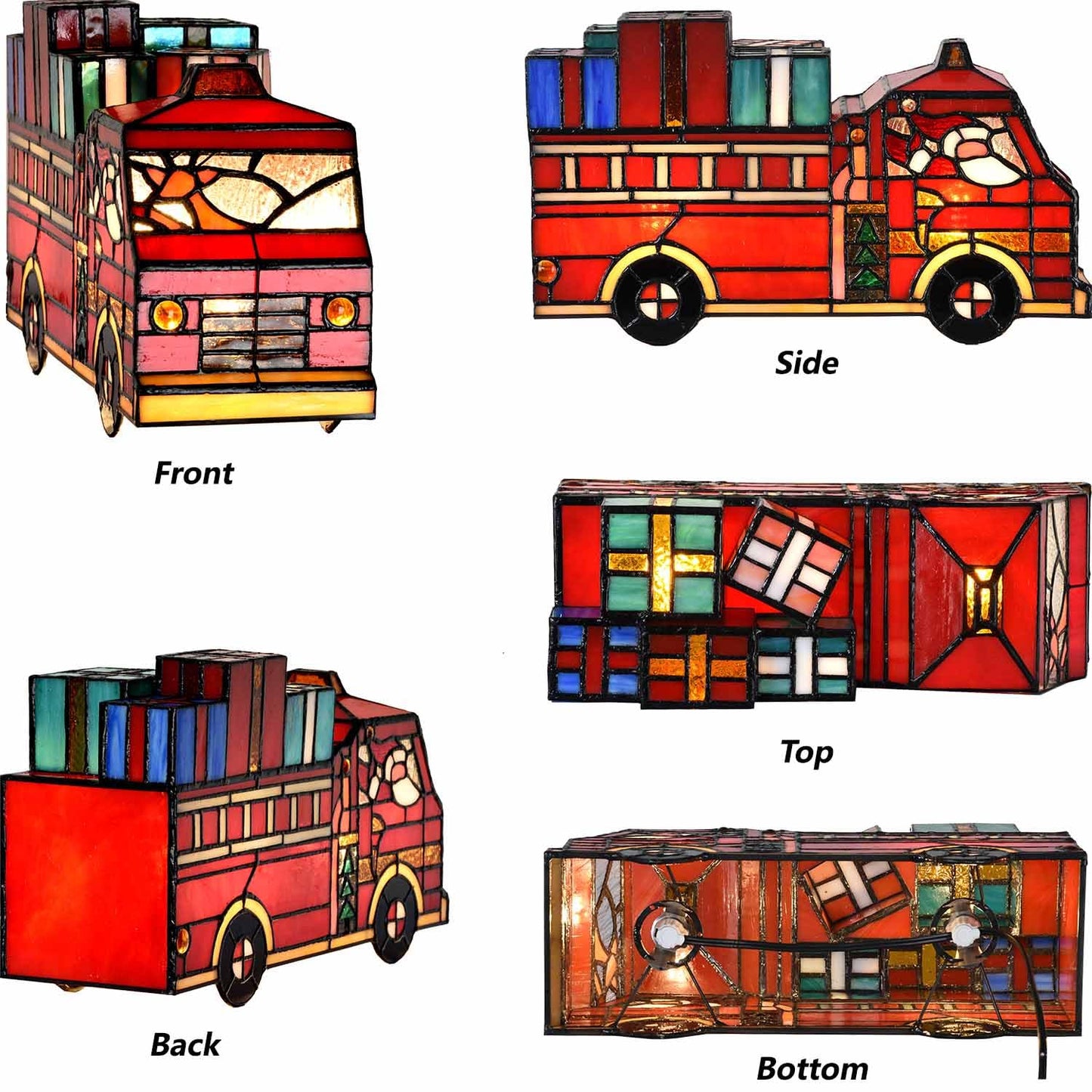 Bieye L12009 Tiffany Style Stained Glass Christmas Fire Truck Table Lamp with Santa, Reindeer, and Gifts, Handmade Holiday Decoration, 12" Wide