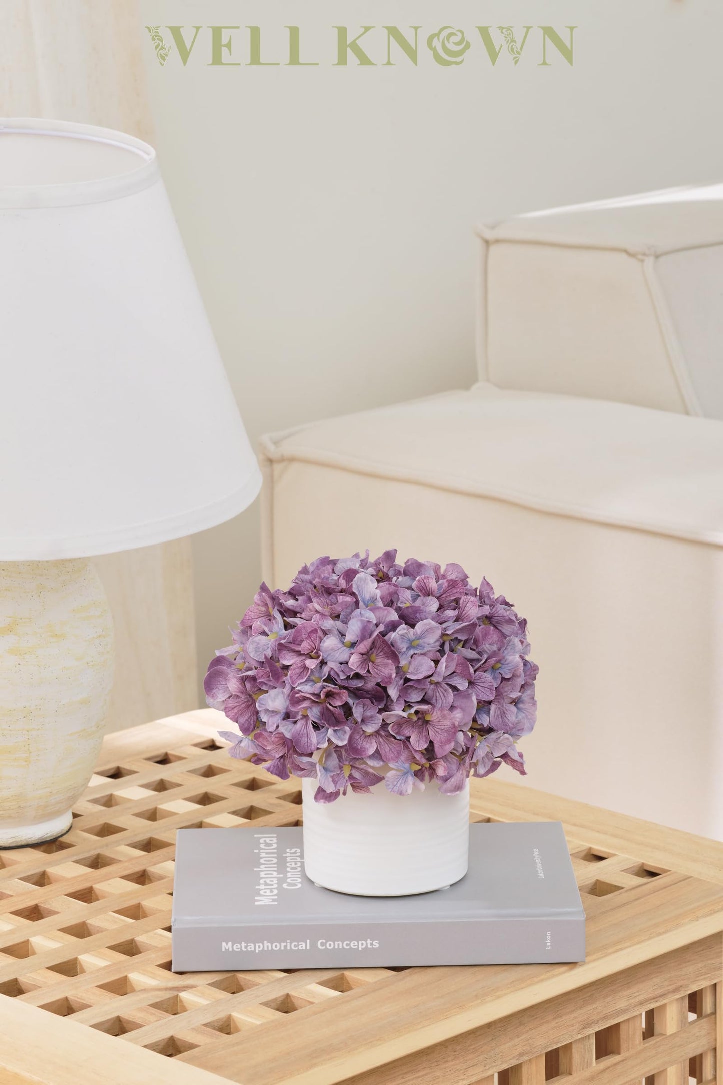 Hydrangea Fake Flowers in Vase, Artificial Flowers with Ceramic Vase Small Faux Potted Floral Arrangements for Bathroom Home Desk Kitchen Counter Vanity Shelf Coffee Table Centerpiece Decor (Purple)