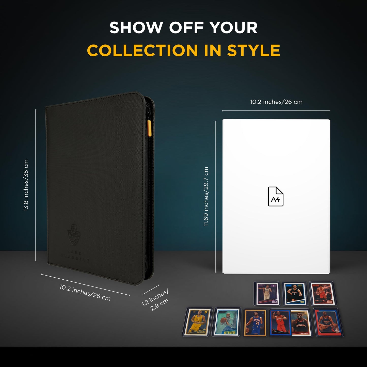 Card Guardian - 9 Pocket Premium Black Card Binder with Zipper for 360 Cards - Trading card binder with Side Loading Pockets for Trading Card Games -TCG Binder (Black)