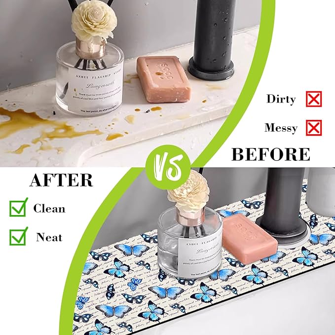 Sink Splash Guard Faucet Mat Watercolor Butterflies Absorbent Fast Drying Mat