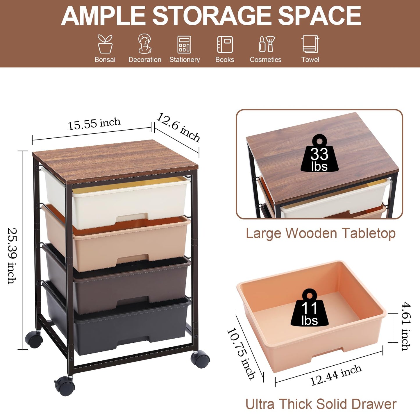 SYKIARIOL Utility Cart with 4 Drawers,Rolling Storage Cart with Drawers,Storage Rolling Drawer Cart,Brown