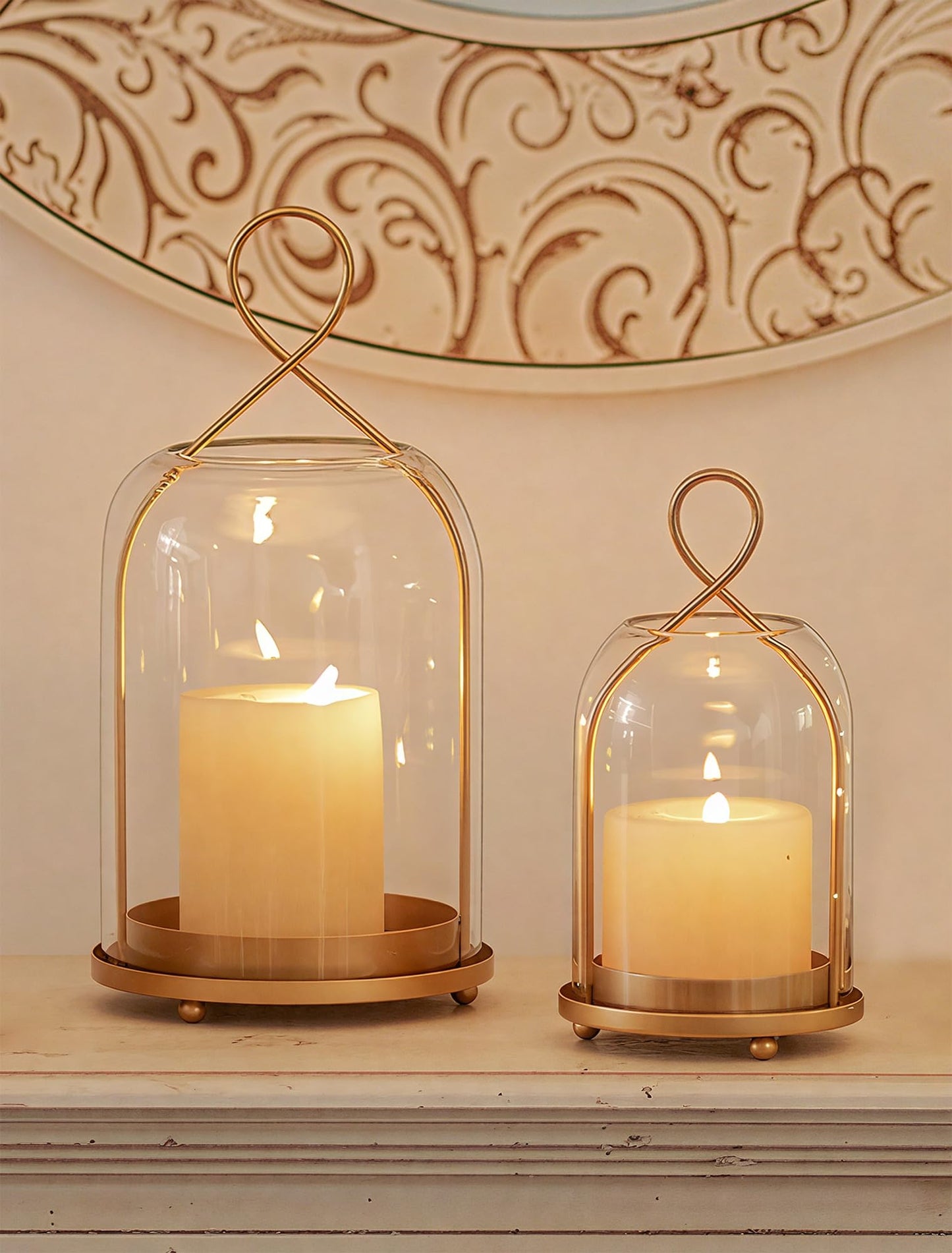NUPTIO Glass Lanterns Decorative Outdoor: Gold Hurricane Candle Holders for Pillar Candles - Set of 2 Hanging Lantern for Home Thanksgiving Christmas Party Centerpiece