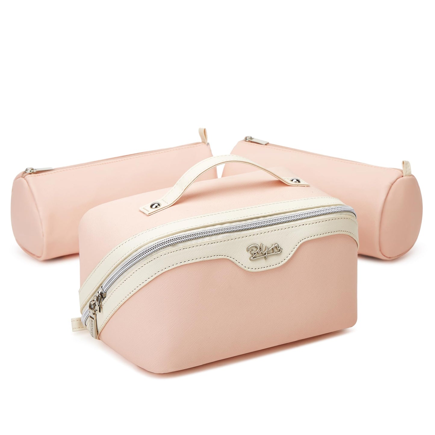BOYATU Travel Makeup Bag Organizer Cosmetic Bag: 3 Pcs Set Make up Bags for Women with Handle - Waterproof Vegan Leather Toiletry Bags Travel Essentials Pouch with Compartments (A-09-Pink)