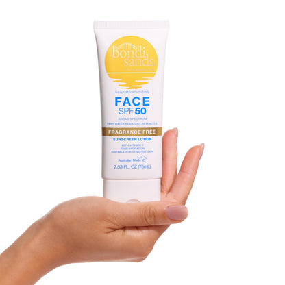 Bondi Sands Fragrance Free Daily Sunscreen Face Lotion SPF 50 | Hydrating UVA + UVB Protection, Non-Greasy, Gentle, Water Resistant | 2.53 Oz/75 mL