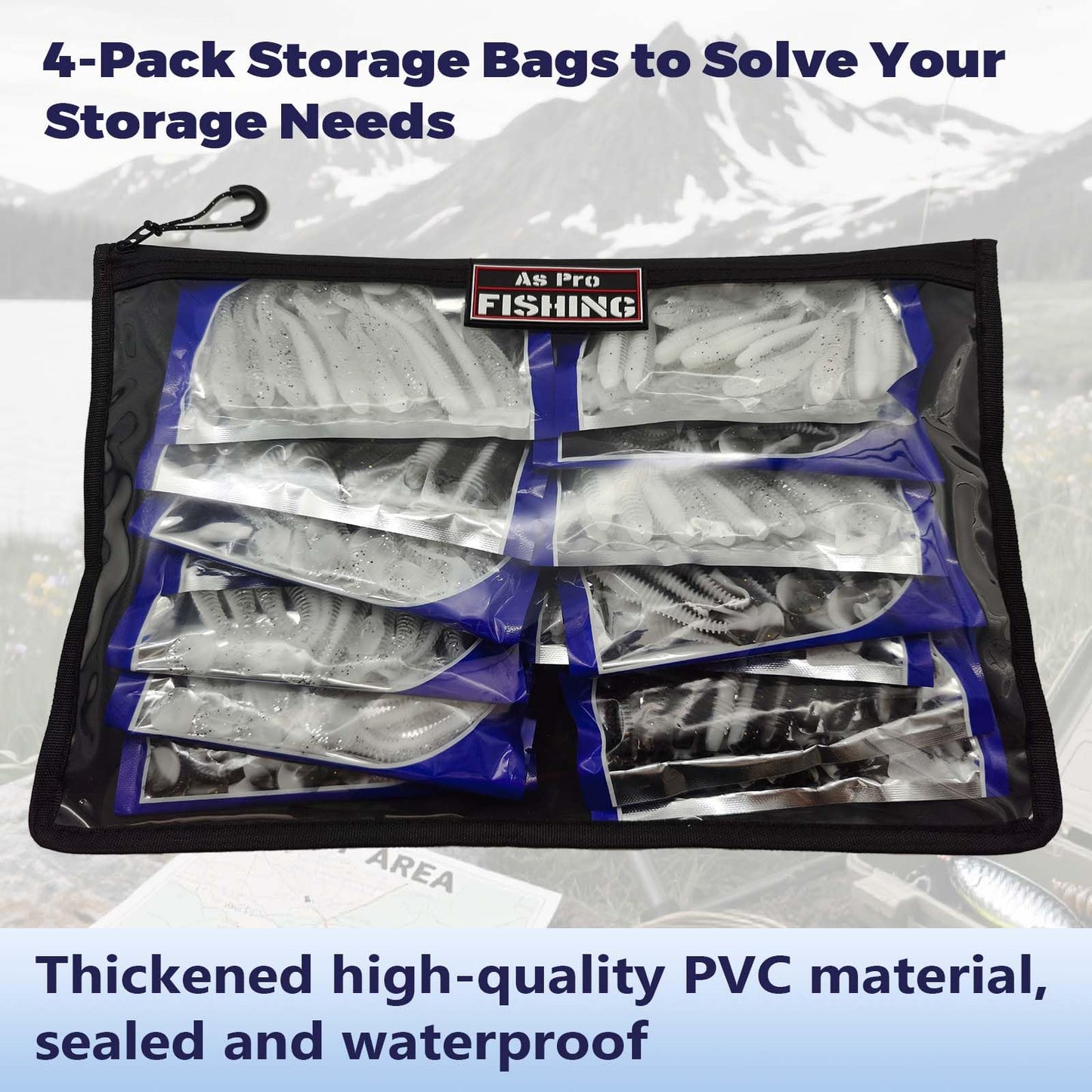 4Pack Fishing Clear Tackle Storage Bag,Waterproof Plastic Storage Fishing Bag for Fishing Gear, Bait, Tackle, Lures and Soft Plastics,Built Tough, Massive Storage Fishing Gift Bag