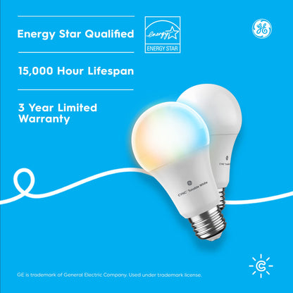 GE CYNC Smart LED Light Bulbs, Tunable White, Bluetooth and Wi-Fi, Works with Alexa and Google, A19 (2 Pack)