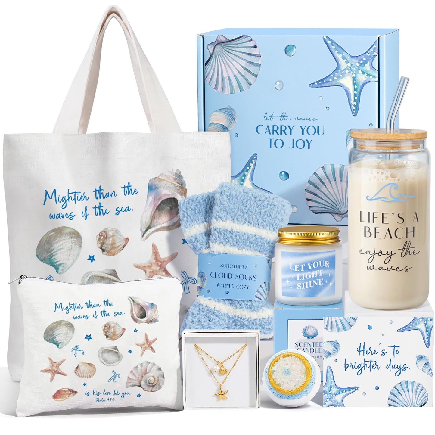 Gifts for Women, 8pcs Ocean Happy Birthday Gifts for Women, Christmas Ideas Inspirational Get Well Soon Gift Baskets Mothers Day Box w/Seashell Tote Bag for Her Mom Sister Friend Friendship
