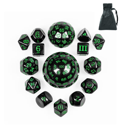 Poludie 15 Pieces Complete Polyhedral DND Dice Set D3-D100 Spherical D&D Dice Set with Dragon Eye Dice Bag, D100 Dice for Dungeons and Dragons, RPG Table Games(Black w/Green Numbers)