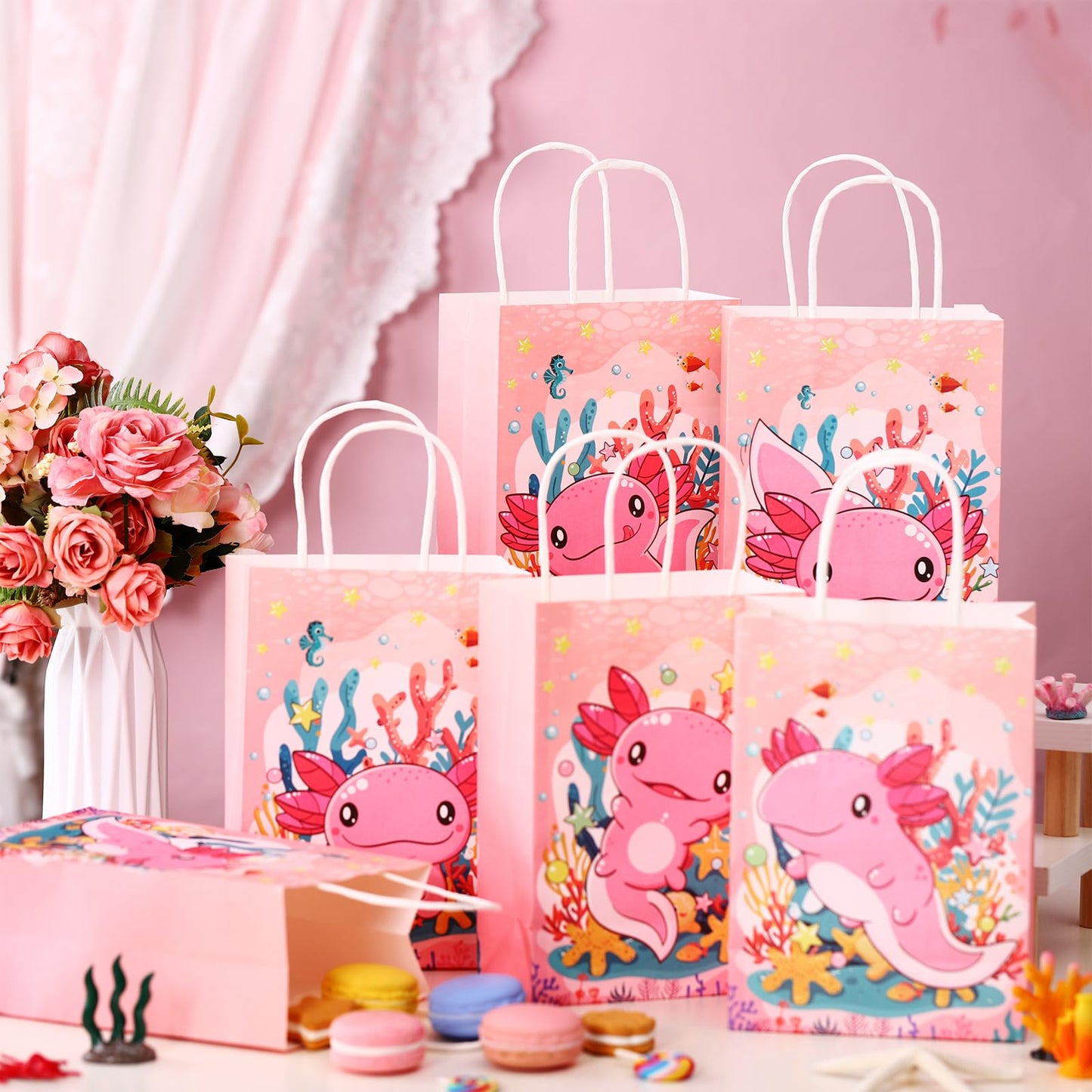 Kolldenn 24 Pcs Axolotl Party Favors Bags Amphibian Themed Gift Paper Goodie Bags Cute Animals Candy Treat Pouch‌ with Handles for Axolotl Themed Birthday Party Decorations Supplies