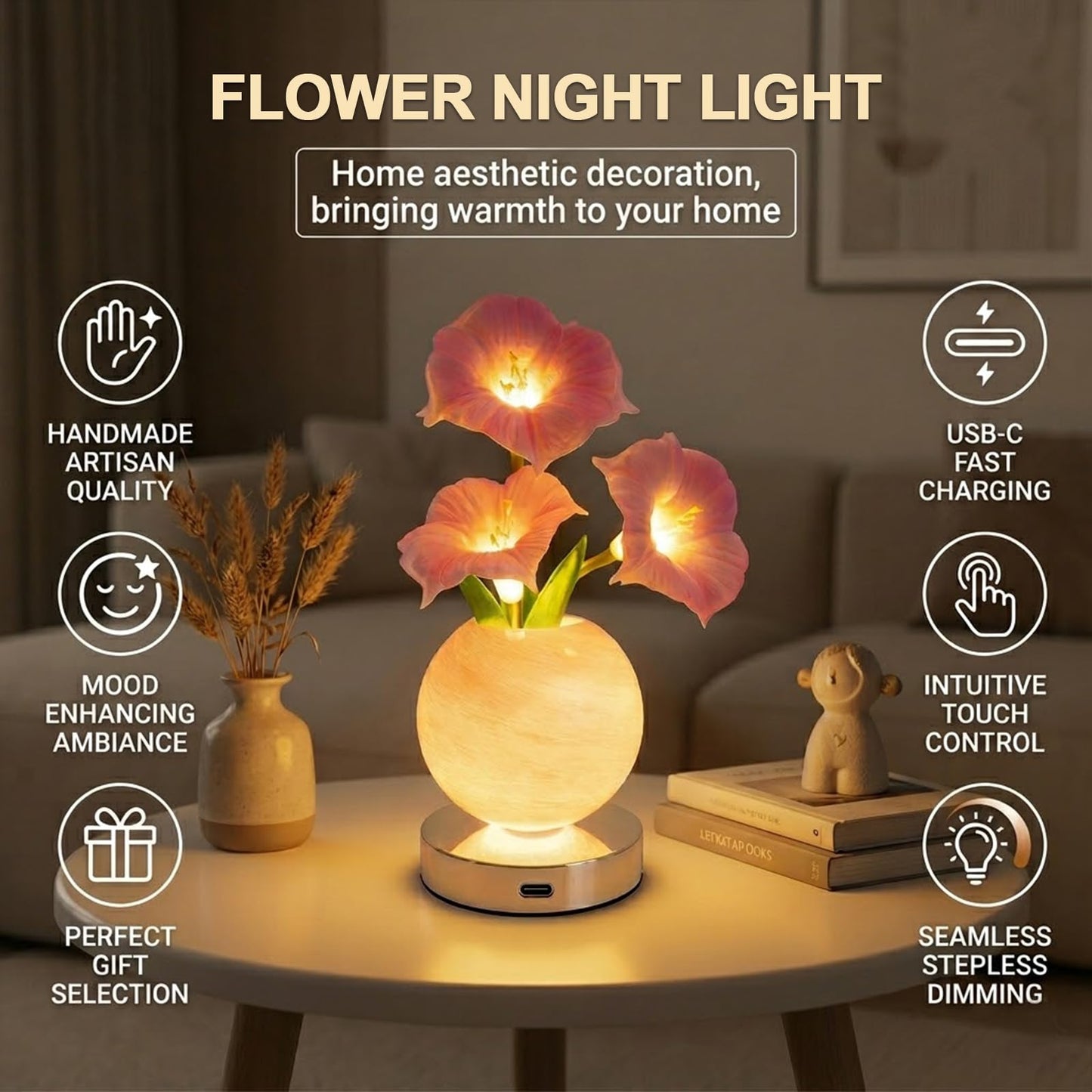Strackvial Flower Table Lamp, Rechargeable Cordless Touch Dimming Artificial Morning Glory Flower Desk Lamp, LED Flower Bedside Night Light Romantic Gifts for Girl Women Mom (Pink Morning Glory)