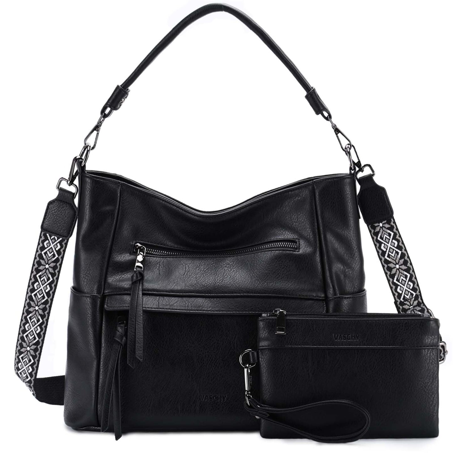 VASCHY Hobo Bag for Women, Roomy Leather Shoulder Purse with Wallet Set, Tote Bag with Guitar Strap, Ideal Gift for Women