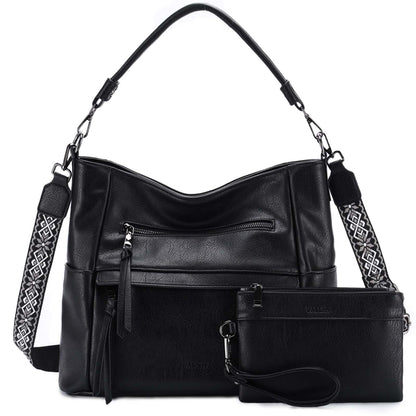 VASCHY Hobo Bag for Women, Roomy Leather Shoulder Purse with Wallet Set, Tote Bag with Guitar Strap, Ideal Gift for Women