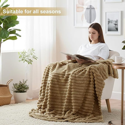 decorUhome Soft Fleece Brown Blanket King Size for Bed, Cozy Fluffy Plush Flannel Large Striped Throws for Couch Sofa, Lightweight Decorative Fuzzy Blanket for Woman, 108x90 Inches