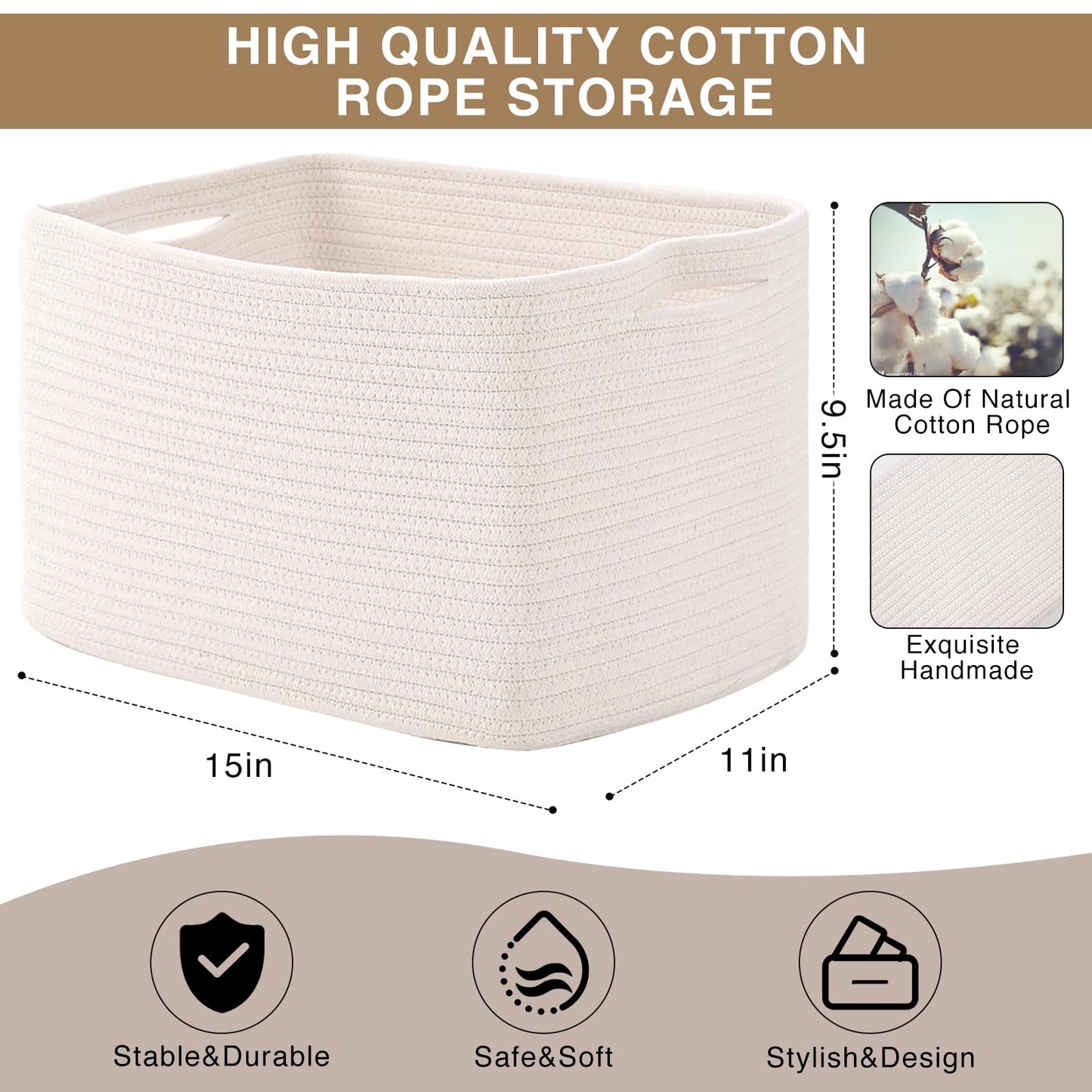 ICERZCZ Storage Baskets for Organizing Shelves, Woven Cotton Rope Bins for Baby Nursery Organization, Book Toy Towel Organizer, 15"x11"x9.5", 3 Packs, Off White