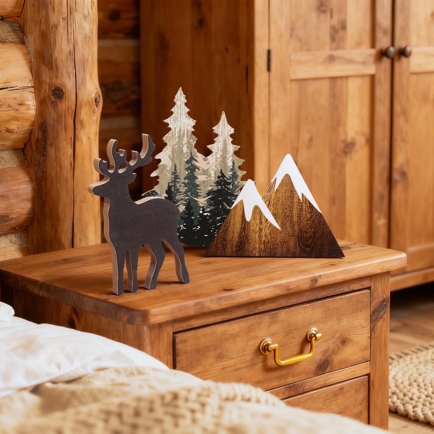 DoubleFill 10 Pcs Cabin Shelf Decor Wooden Forest Animals Bear Mountain Pine Tree Sign Rustic Woodland Decor for Cabin Farmhouse Table Centerpiece Home Office Decoration