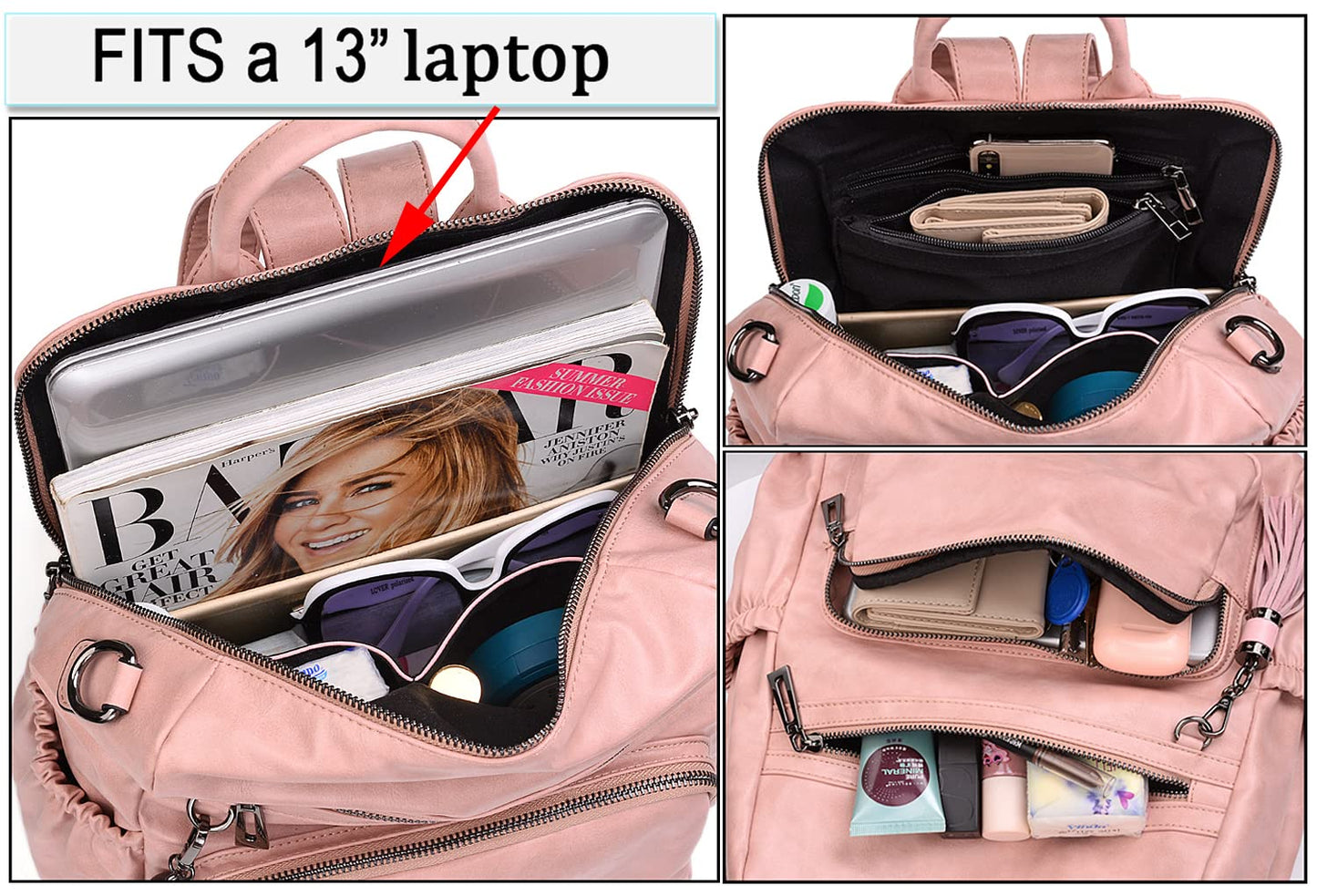 UTO Women Backpack Purse Oil Wax PU Leather Ladies Fashion Designer Rucksack Convertible Travel Shoulder Bag with Tassel Pink