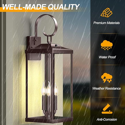 2 Packs 24" Extra Large Dusk to Dawn Light Fixture 3-Light, Oil Rubbed Bronze Outdoor Porch Lantern Wall Mounted, Waterproof Modern Outside Wall Sconce Brown Lamp for House, E12