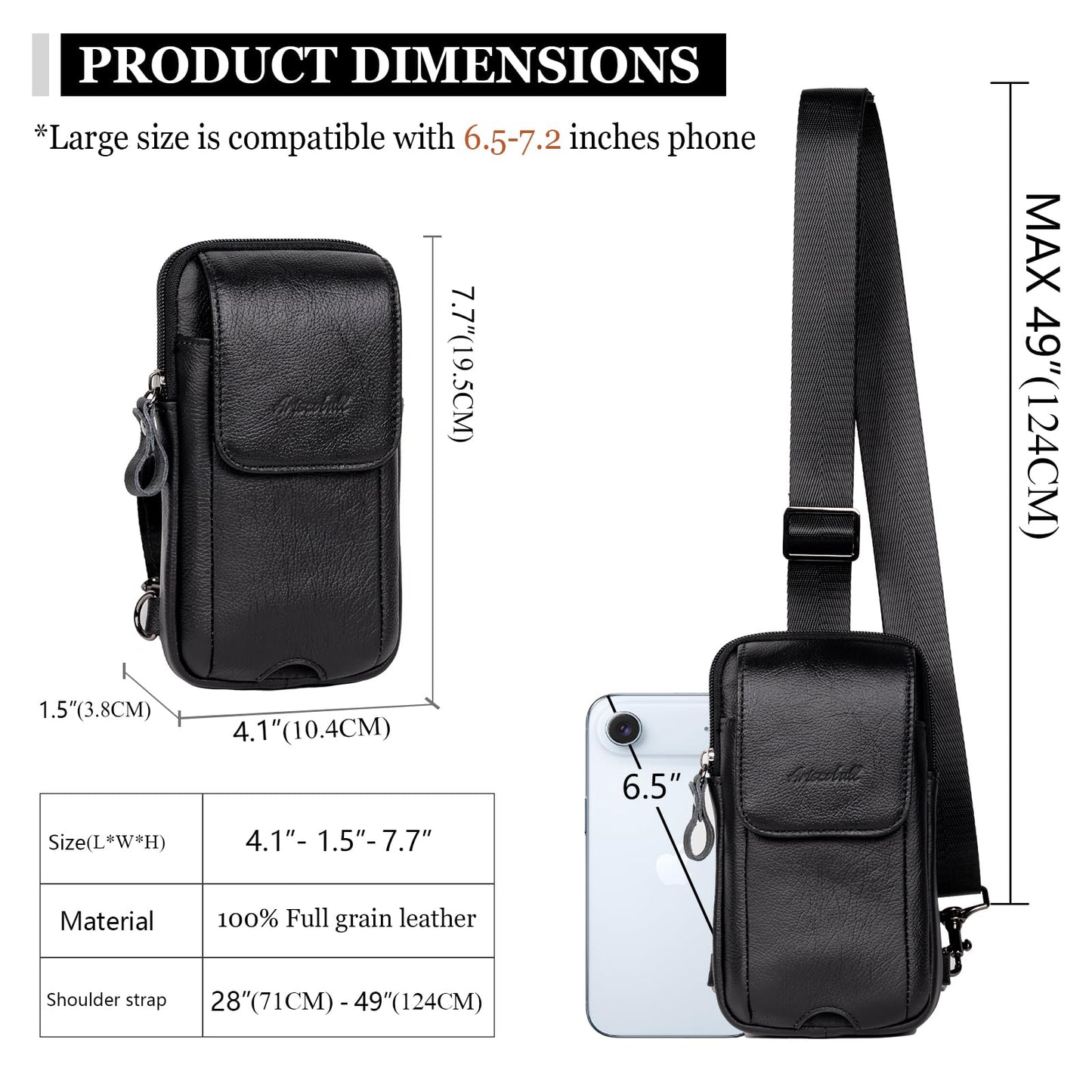 Ariscobull - Small Crossbody Bag for Men Women - Genuine Leather Mini Sling Bag with Charging Port - Travel Hiking Phone Daypack Cross Body Shoulder Bags (Black)