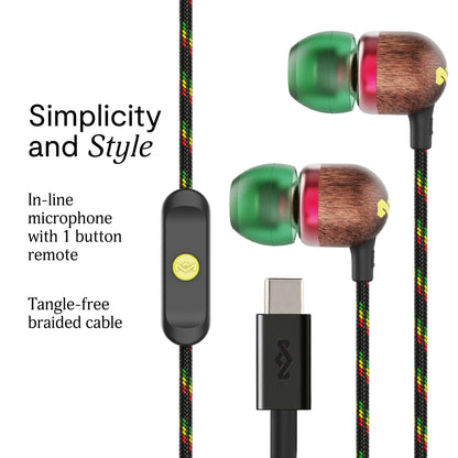 House of Marley Smile Jamaica Wired USB-C Earphones with 9.2mm Driver, Sustainably Crafted, Tangle-Resistant Cable, in Ear Headphones with in-Line Microphone Calls (Rasta) Great Stocking Stuffer Gift