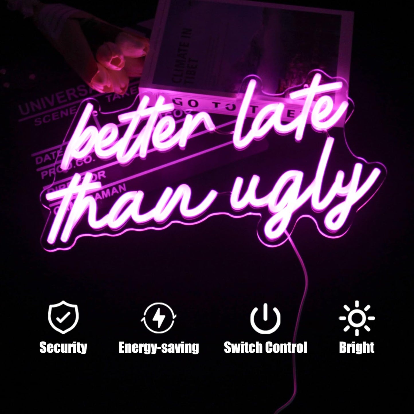Better Late Than Ugly Neon LED Sign Pink Word Light Up Signs Beauty Room Decor Letter Neon Signs for Wall Decor LED Neon Light Sign for Bedroom Beauty Salon Wedding Bar Party Decor