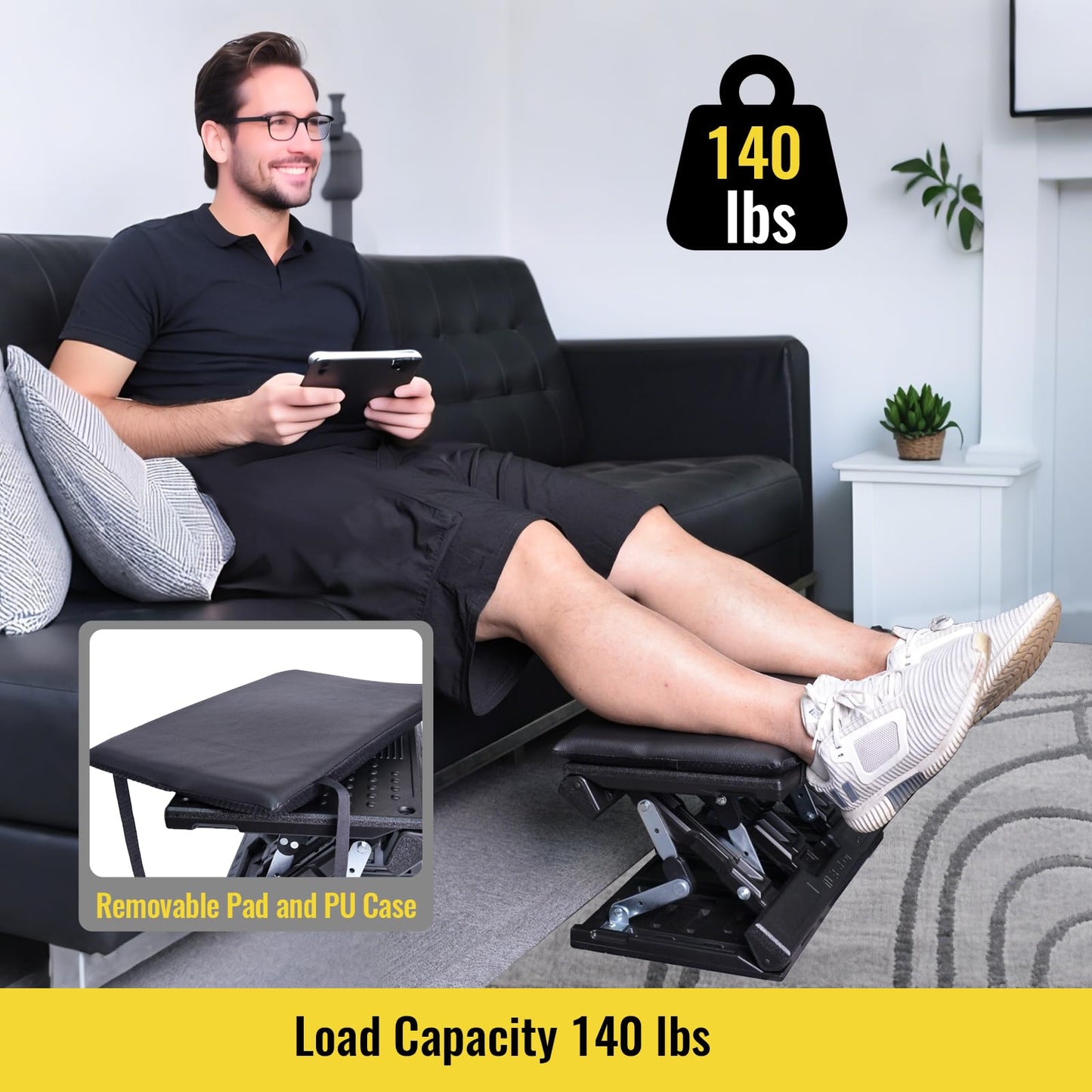 Foot Rest for Under Desk at Work Enlarged, Ergonomic Footrest with Adjustable Height and Angle, Foldable Foot Stool with Removable Pad Massage Beads for Office Gaming Chair Black