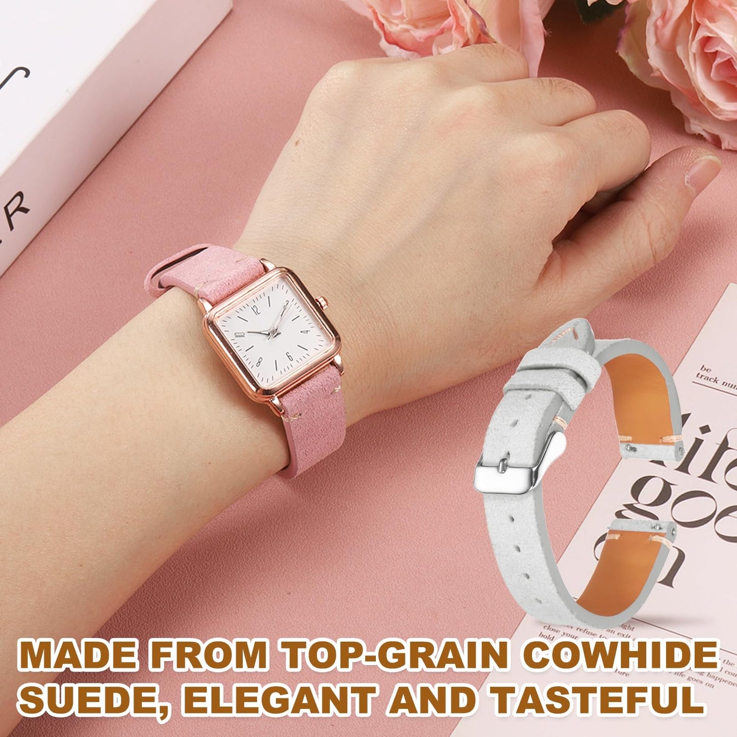 HARFINGTON Leather Watch Band 19mm Width Watch Strap Top-Grain Suede Cowhide Wrist Bands Replacement with Stainless Steel Buckle for Men Women, Light Gray