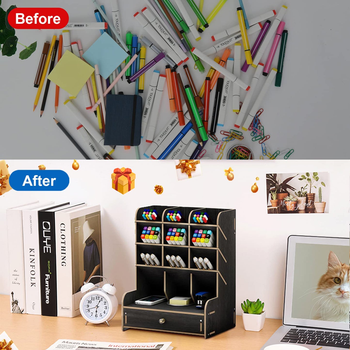 Marbrasse Wooden Desk Organizer, Multi-Functional DIY Pen Holder, Organizer for desk, Desktop Stationary, Easy Assembly, Home Office Art Supplies Storage with Drawer (B11-Black)