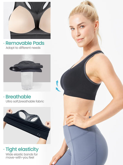 FITTIN Racerback Sports Bras Pack Of 4 - Padded Seamless High Impact Support For Yoga Gym Workout Fitness With Removable Pads, L(Fit for 34D 36C 36D 38A 38B 40A), 4-pack
