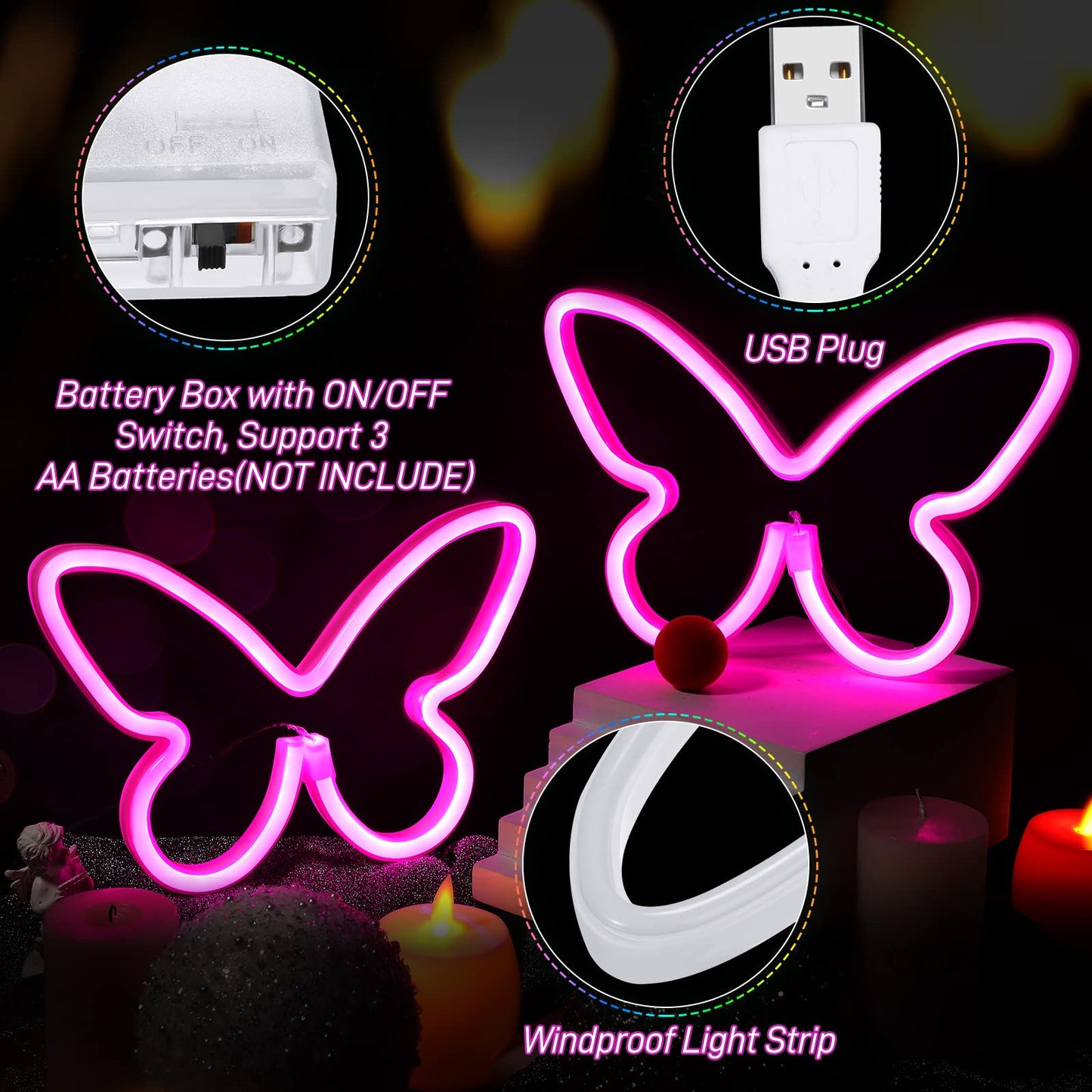 Riakrum 2 Pcs Butterfly Neon Signs LED Light 3AA Battery Powered USB Operated Wall Neon Light Decor Butterfly Wall Art for Christmas Home Bedroom Birthday Party Decor(Pink)